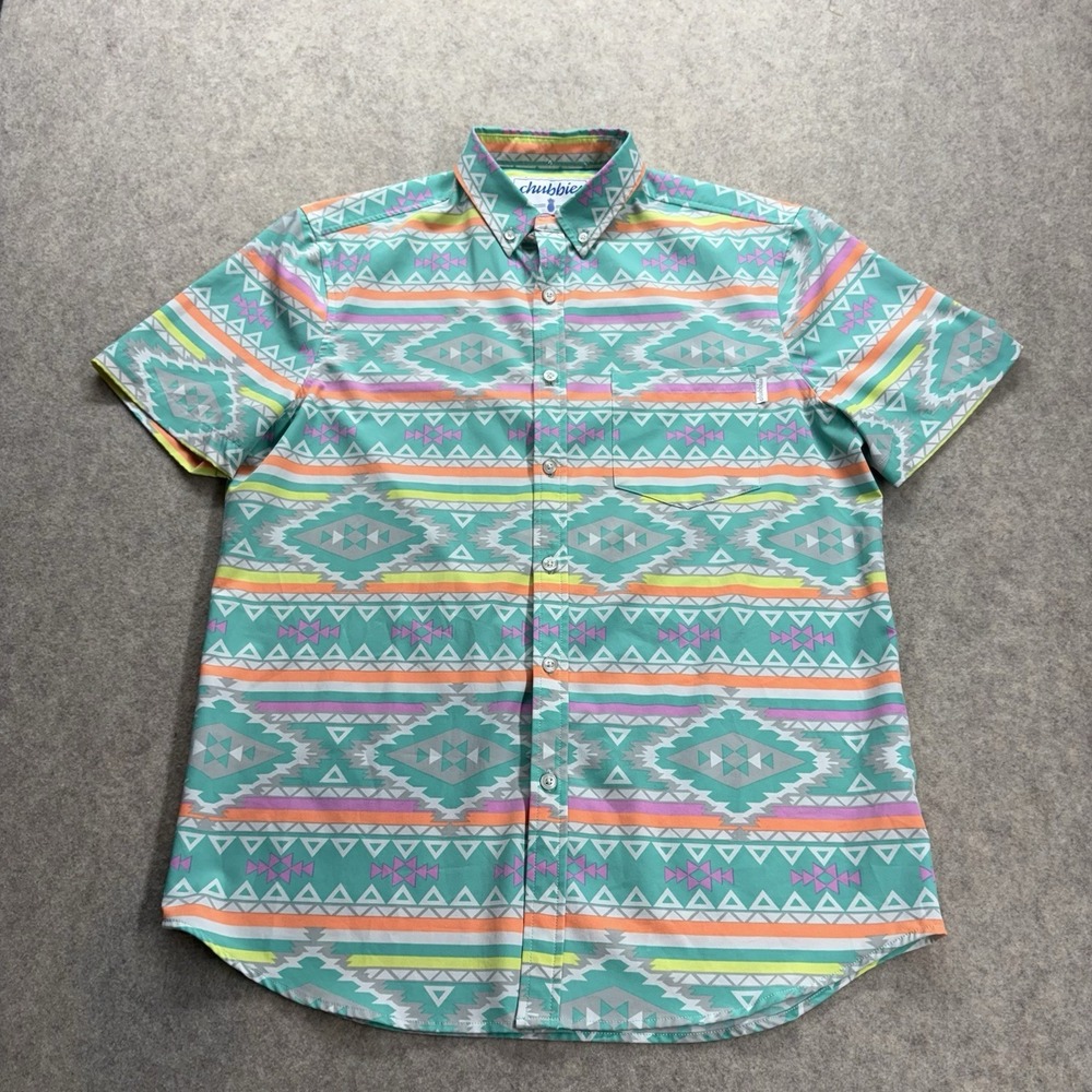 Chubbies Nutter Polo Shirt Men's Medium Neon Aztec Geometric Print Weekend Golf